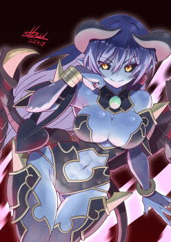  1girl 2026 abs armor astaroth_(shinrabanshou) black_armor black_horns black_leotard black_sclera black_tail blue_eyes blue_hair blue_skin breasts bridal_gauntlets cleavage closed_mouth clothing_cutout colored_sclera colored_skin commentary_request dated demon_girl demon_horns demon_tail demon_wings earrings gold_trim hair_between_eyes heart heart_earrings highres horns jewelry large_breasts leotard long_hair nail_polish navel pointy_ears purple_thighhighs red_nails shinrabanshou signature smile solo stomach_cutout strail_cycleman tail thighhighs wings yellow_eyes 