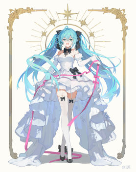  1girl absurdres ahoge bare_shoulders black_bow black_bowtie blue_shrimp blush bow bowtie commentary_request dress elbow_gloves full_body garter_straps gloves hair_between_eyes hatsune_miku high_heels highres long_hair looking_at_viewer open_mouth pink_ribbon ribbon smile solo strapless strapless_dress thick_thighs thighhighs thighs twintails very_long_hair vocaloid white_dress white_gloves white_thighhighs zettai_ryouiki 
