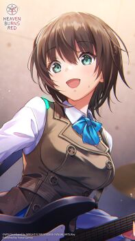  1girl :d aoi_erika black_hair blue_bow blue_bowtie blurry blurry_background bow bowtie breasts brown_vest buttons collared_shirt copyright_name copyright_notice cowboy_shot double-breasted downturned_eyes eyelashes eyes_visible_through_hair guitar hair_between_eyes happy head_tilt heaven_burns_red highres holding holding_guitar holding_instrument indoors instrument large_breasts light_blush long_sleeves looking_down medium_hair official_art official_wallpaper open_mouth shirt smile solo sweatdrop tareme vest white_shirt wolf_cut 