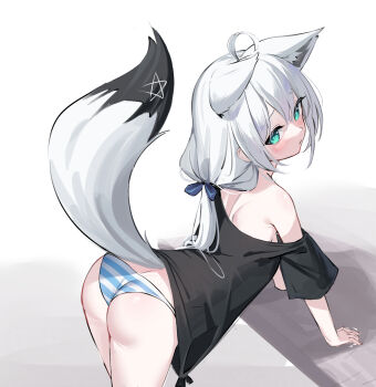  1girl ahoge animal_ear_fluff animal_ears aqua_eyes ass bare_shoulders black_shirt blush closed_mouth commentary_request fox_ears fox_girl fox_tail from_behind grey_hair highres hololive looking_at_viewer lunyaria no_pants off_shoulder panties shirakami_fubuki shirt simple_background solo striped_clothes striped_panties tail underwear virtual_youtuber white_background white_hair 