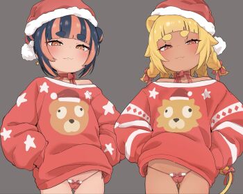  2girls animal_ears black_hair blonde_hair cameltoe commentary gluteal_fold grey_background highres loli micro_panties multicolored_hair multiple_girls orange_eyes orange_hair original panties post_(shake_shakepost) shark_kuma-chan_(shake_shakepost) simple_background streaked_hair symbol-only_commentary thick_eyebrows thong underwear 