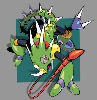  chameleon drawloverlala full_body highres long_tongue mega_man_(series) mega_man_x1 mega_man_x_(series) non-humanoid_robot open_mouth prehensile_tongue robot robot_animal simple_background solo sting_chameleon_(mega_man) tongue very_long_tongue 