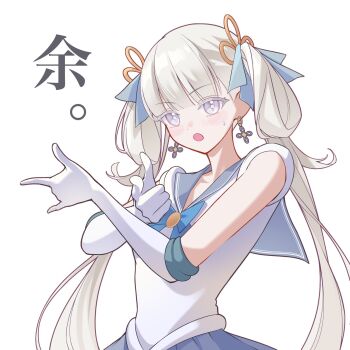  1girl bishoujo_senshi_sailor_moon blue_bow bow bright_pupils chigusa7h colored_eyelashes commentary_request cosplay crossed_arms earrings elbow_gloves gloves grey_sailor_collar hair_bow hair_rings highres jewelry jinhsi_(wuthering_waves) long_hair looking_at_viewer open_mouth sailor_collar shirt simple_background solo sweatdrop tsuki_ni_kawatte_oshioki_yo twintails upper_body white_background white_eyelashes white_eyes white_gloves white_pupils white_shirt wuthering_waves 