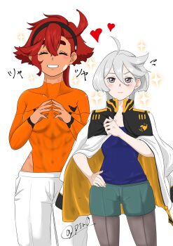  2girls 715piro_gon absurdres ahoge asticassia_school_uniform black_hairband black_pantyhose blue_camisole blush borrowed_clothes camisole closed_eyes closed_mouth commentary_request covered_abs green_jacket grey_eyes grey_hair grin gundam gundam_suisei_no_majo hairband hand_on_own_hip heart hickey highres jacket long_hair miorine_rembran multiple_girls orange_shirt pantyhose red_hair school_uniform shirt shorts simple_background smile sparkle suletta_mercury sweat thick_eyebrows white_background white_jacket white_shorts yuri 