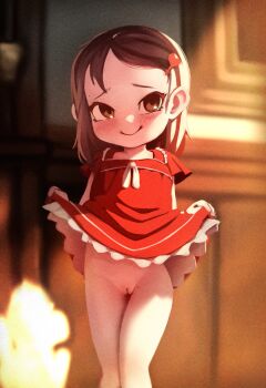  1girl becky_blackbell blurry blurry_background blush brown_eyes brown_hair cleft_of_venus closed_mouth clothes_lift dress dress_lift exhibitionism feet_out_of_frame flashing flat_chest forehead frills groin hair_ornament hairclip heart heart_hair_ornament highres indoors khaz lifting_own_clothes loli looking_at_viewer mole mole_on_forehead mole_on_thigh no_panties parted_bangs public_indecency pussy raised_eyebrows red_dress ribbon short_hair short_sleeves sidelocks skirt skirt_lift smile solo spy_x_family standing thigh_gap thighs  rating:Explicit score:339 user:secret64
