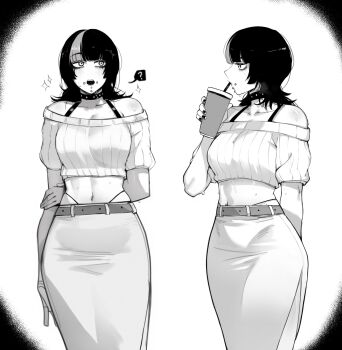  1boy ? absurdres androgynous arm_behind_back bare_shoulders belt black_hair bra_strap breasts cheek_piercing chin_piercing choker collarbone crop_top cropped_legs cup dress drinking drinking_straw drinking_straw_in_mouth face_piercing hand_on_own_arm highres holding holding_cup hoshi_kirara jewelry jujutsu_kaisen labret_piercing lip_piercing male_focus male_with_breasts masoq medium_breasts medium_hair mouth_piercing multicolored_hair navel other_focus piercing ribbed_sweater short_sleeves simple_background solo solo_focus sparkle spiked_choker spikes spoken_question_mark star-shaped_pupils star_(symbol) strap streaked_hair sweat sweatdrop sweater symbol-shaped_pupils trap vignetting white_background white_dress white_sweater 