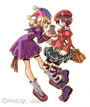  2girls ankle_socks archived_source artist_name badge bag beoseon beret blue_garter_straps blue_hat blue_skirt blush_stickers bokjumeoni breasts brown_bag brown_eyes brown_hair clenched_hand closed_mouth collared_shirt commentary_request copyright_notice dress english_text eyelashes flower frilled_skirt frilled_sleeves frills full_body garter_straps gift gift_art gomusin green_outline hair_flower hair_ornament hat ispin_charles jacket jester_cap juliet_sleeves korean_commentary leaning_forward legs_apart long_sleeves looking_at_another medium_breasts messenger_bag miniskirt monster_gogo multicolored_hat multiple_girls nexon open_mouth orange_ribbon outline photoshop_(medium) pleated_skirt ponytail priest_(ragnarok_online) print_sleeves profile puffy_sleeves purple_dress purple_sash purple_shoes purple_thighhighs ragnarok_online red_hat red_jacket red_sleeves ribbon sailor_collar sash shirt shoes short_hair shoulder_bag simple_background skirt sleeve_cuffs smile socks striped_clothes striped_thighhighs tales_weaver teeth thighhighs undershirt upper_teeth_only white_background white_sailor_collar white_shirt white_socks white_thighhighs wing_collar yellow_hat 