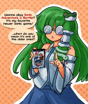 1girl :o absurdres bare_shoulders blue_skirt blush coke-bottle_glasses collared_shirt detached_sleeves dialogue_box english_text frog_hair_ornament glasses green_hair hair_ornament hair_tubes highres holding_game_cartridge index_finger_raised kochiya_sanae long_hair long_sleeves mcsquiddies meme open_mouth retro_games_sanae_(meme) shirt single_hair_tube single_sidelock skirt skirt_set sleeve_ribbon sleeveless sleeveless_shirt snake_hair_ornament solo sonic_(series) sonic_adventure_2 sonic_adventure_2:_battle stuck_in_the_past touhou upper_body wide_sleeves