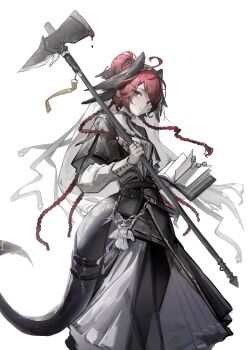  1girl absurdres ahoge arknights avava_xx belt belt_buckle black_belt black_tail book braid buckle closed_mouth commentary earrings feet_out_of_frame gracebearer_(arknights) green_eyes hair_ornament head_wings highres holding holding_book holding_weapon jewelry long_hair long_sleeves looking_at_viewer multiple_rings open_book pouch red_hair ring simple_background solo standing staring symbol-only_commentary tail tail_belt weapon white_background wings 