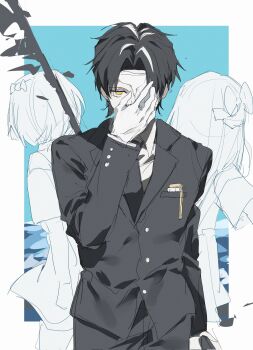  1boy 2girls black_hair black_jacket black_necktie black_pants black_suit blue_sky border bow child collared_shirt covering_face cowboy_shot curtained_hair eye_mask father_and_child father_and_daughter formal_clothes gloves hair_bow half_eye_mask hand_up hasugu highres jacket limbus_company long_sleeves looking_at_viewer mask multicolored_hair multiple_girls necktie ocean pants parent_and_child project_moon rien's_daughter_(project_moon) rien_(project_moon) ryoshu_(project_moon) shirt short_hair sketch sky streaked_hair suit weapon white_border white_gloves white_shirt white_streaks yellow_eyes  rating:General score:0 user:danbooru