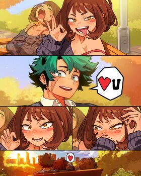  1boy 1girl absurdres bench blush blush_stickers boku_no_hero_academia brown_eyes brown_hair comic embarrassed facial_scar fangs fellatio_gesture fingernails freckles ghost green_eyes green_hair grey_sweater heart highres hug long_fingernails medium_hair midoriya_izuku nose_bubble off-shoulder_sweater off_shoulder outdoors park_bench possessed ribbed_sweater scar scar_on_cheek scar_on_face sleeping slit_pupils spanish_commentary speech_bubble spoken_heart sunset sweater teeth toga_himiko tongue tongue_out uraraka_ochako vlizz 