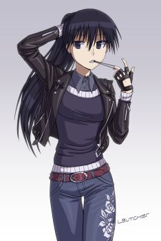  1girl absurdres artist_name azumanga_daiou belt black_eyes black_gloves black_hair black_jacket blue_pants blue_shirt blue_sweater commentary fingerless_gloves gloves gradient_background grey_background hair_tie_in_mouth highres jacket loberbutcher long_hair looking_at_viewer mouth_hold pants sakaki_(azumanga_daioh) shirt solo sweater tying_hair untranslatable_commentary 