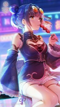  1girl arm_at_side back_bow backlighting bare_shoulders black_dress black_hair blunt_bangs blurry blurry_background blush bow breasts china_dress chinese_clothes cleavage cleavage_cutout clothing_cutout cloud_print copyright_logo copyright_notice dango detached_sleeves double_bun dress eyewear_on_head feet_out_of_frame floating_hair food frilled_sleeves frills hair_bun hair_intakes hand_up heaven_burns_red highres holding holding_food large_breasts li_yingxia li_yingxia_(spring_night_wo_ai_ni) logo long_sleeves looking_ahead medium_hair miniskirt night official_alternate_costume official_alternate_hairstyle official_art official_wallpaper on_railing orange-tinted_eyewear orange_eyes outdoors parted_lips pleated_skirt print_sleeves railing round_eyewear short_dress sitting skirt sleeveless sleeveless_dress solo sunglasses tassel thigh_strap thighs tinted_eyewear twintails wagashi white_bow white_skirt wide_sleeves 