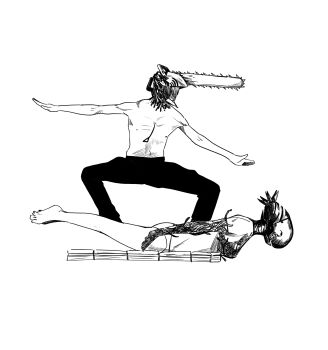  1boy 1girl alternate_form apron bomb_devil_(chainsaw_man) chainsaw chainsaw_man denji_(chainsaw_man) elbow_gloves gloves greyscale highres lying monochrome moti1250 nipples object_head on_stomach outstretched_arms panties pants planking pull_cord sharp_teeth standing_on_person surfing teeth topless_male underwear 