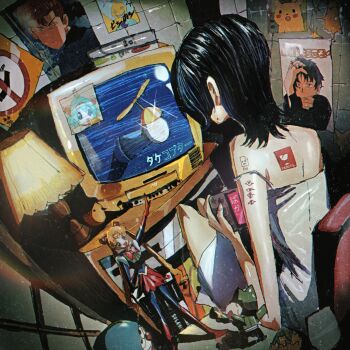 1girl back bishoujo_senshi_sailor_moon black_hair commentary_request crayon_shin-chan crt doraemon doraemon_(character) drawing_(object) dress figure from_behind handheld_game_console highres holding holding_handheld_game_console indoors jojidoboro kuwabara_kazuma lamp light_particles meme nhk_ni_youkoso! no_smoking nohara_shinnosuke onodera_punpun original otaku_room playing_games playing_video_games poster_(object) sailor_moon satou_tatsuhiro sitting steam_deck sticker strap_slip surprised_pikachu_(meme) takecopter television white_dress yuu_yuu_hakusho