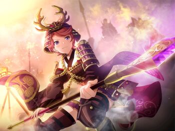  1girl armor closed_mouth cosplay game_cg halberd helmet holding holding_polearm holding_weapon honda_tadakatsu_(real_life) honda_tadakatsu_(real_life)_(cosplay) isurugi_futaba japanese_armor kabuto_(helmet) long_sleeves official_art polearm purple_eyes raised_eyebrows red_hair shikoro short_hair shoujo_kageki_revue_starlight shoujo_kageki_revue_starlight_-re_live- shoulder_armor standing steam torch two-handed weapon wide_sleeves 