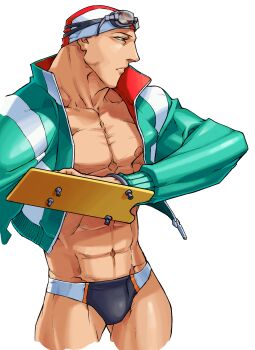  1boy abs absurdres cropped_legs edaki_shin'ya eyewear_on_head game_cg goggles highres jacket justice_gakuen looking_to_the_side male_focus male_swimwear moero!_justice_gakuen muscular muscular_male namikawa_nagare non-web_source official_art open_clothes open_jacket pectorals simple_background solo standing swim_briefs swim_cap swim_goggles track_jacket white_background 
