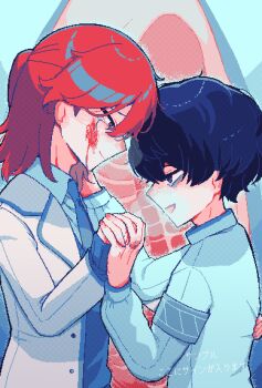  2boys armband bags_under_eyes black_hair blood_on_cheek blue_armband blue_necktie blue_shirt blue_sweater collared_shirt commentary_request crying dead_animal dress_shirt from_side half_updo hand_on_another's_back hand_on_another's_shoulder height_difference highres holding_hands hyoutenka_30-do_no_zetsubou jacket kuchinashi_dabi lapels male_focus medium_hair mitsudomoe_koubou multiple_boys necktie red_hair sad_smile shirt short_hair suit_jacket sweater tears tonimura_yui upper_body white_jacket 