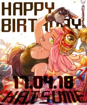  1girl :d anezu arm_up artist_name backlighting bare_shoulders birthday black_gloves black_pants black_tank_top boku_no_hero_academia box breasts character_name cleavage clothes_around_waist commentary crosshair crosshair_pupils dated english_text gift gift_bag gift_box gloves goggles goggles_on_head happy_birthday hatsume_mei large_breasts long_hair open_mouth pants partially_fingerless_gloves pink_hair ribbed_tank_top smile solo symbol-shaped_pupils tank_top teeth white_background yellow_eyes 