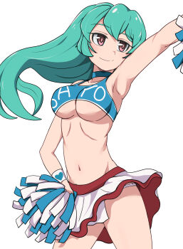  1girl aqua_hair arms_up breasts character_name cheerleader choker commentary_request highres large_breasts long_hair mahou_shoujo_ni_akogarete minakami_sayo miniskirt narrow_waist navel orange_eyes pom_pom_(cheerleading) ribs simple_background skirt solo suzunari_sakuya underboob upper_body white_background 