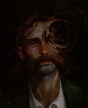  1boy aegyo_sal bags_under_eyes blazer brown_hair collared_shirt commentary disco_elysium english_commentary exhausted facial_hair frown harry_du_bois head_tilt jacket looking_at_viewer male_focus mutton_chops nipuni painterly sad shirt solo swirl white_shirt 