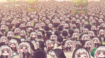  6+girls all_fours arms_up artist_request bench blonde_hair blush_stickers chibi clone coif commentary crying crying_with_eyes_open dent head_bump highres kneeling long_hair multiple_girls nun outdoors park park_bench speaki_(trickcal) tearing_up tears thighhighs too_many tree trickcal very_long_hair white_thighhighs 