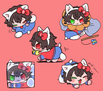  2boys :< :3 all_fours animal_ear_hairband animal_ears black_hair blue_jacket blue_shorts bow box brothers cat_ear_hairband cat_ears cat_tail cat_teaser chibi chibi_only colored_eyelashes commentary_request ear_bow fake_animal_ears fang feral_instincts folded from_side full_body fusion green_eyes grooming hair_between_eyes hairband head_on_pillow hello_kitty hello_kitty_(character) heterochromia hypnosis_mic in_box in_container jacket leg_up looking_at_viewer lying male_focus mochikororin mole mole_under_eye motion_lines multicolored_jacket multiple_boys multiple_views notched_ear on_side pet pet_cone pillow raised_eyebrows red_background red_bow red_eyes red_jacket saliva sanrio scruffing shadow short_hair short_tail shorts siblings simple_background solo_focus stretching suke8364 tail tongue tongue_out top-down_bottom-up trembling tsurime two-tone_jacket v-shaped_eyebrows yamada_ichiro yamada_ichiro_(sanrio_nakayoku_edit) yamada_saburo yamada_saburo_(sanrio_nakayoku_edit) 