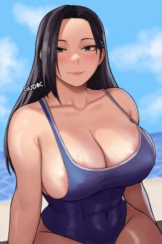  1girl areola_slip black_eyes black_hair blue_one-piece_swimsuit blurry blurry_background blush boku_no_hero_academia breasts cleavage collarbone covered_erect_nipples gud0c highres large_breasts light_smile long_hair looking_at_viewer one-piece_swimsuit outdoors solo swimsuit veins veiny_breasts yaoyorozu_momo  rating:Sensitive score:82 user:danbooru