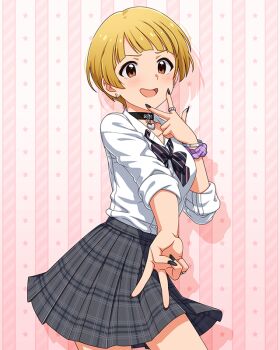  1girl anime_coloring bangle black_bow black_bowtie black_choker black_nails blonde_hair blunt_bangs blush bow bowtie bracelet breasts card_(medium) choker collarbone collared_shirt concept_gyarus_(idolmaster) cowboy_shot diagonal-striped_bow diagonal-striped_bowtie diagonal-striped_clothes dot_nose ear_piercing fukuda_noriko grey_skirt gyaru gyaru_v hand_up heart heart_choker idolmaster idolmaster_million_live! idolmaster_million_live!_theater_days inward_w jewelry long_hair looking_at_viewer loose_bowtie medium_breasts official_alternate_costume official_art open_collar open_mouth piercing pink_background plaid_clothes plaid_skirt pleated_skirt purple_scrunchie school_uniform scrunchie shirt short_hair sidelocks silver_bangle silver_bracelet silver_ring skirt sleeves_rolled_up solo star_(symbol) striped_bow striped_bowtie striped_clothes v very_long_hair w white_shirt wrist_scrunchie  rating:General score:7 user:danbooru