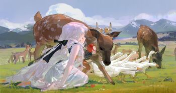  1girl animal apple bare_shoulders barefoot bird bitten_apple black_bow black_gloves blue_sky bow bush chinese_commentary closed_eyes cloud commentary_request deer dress finch fingerless_gloves food food_bite fruit gloves goose grass hair_bow hand_on_own_foot highres holding holding_food holding_fruit long_dress long_hair mountain mountainous_horizon original painterly profile rock scenery single_fingerless_glove sitting sky solo tracyton tree very_long_hair wariza white_dress white_hair 