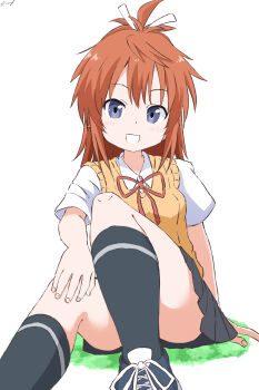  1girl artist_name blue_eyes blush child convenient_censoring cynical_(llcbluckg_c004) dot_nose female_focus hair_between_eyes hair_ribbon koshigaya_natsumi legs looking_at_viewer non_non_biyori red_hair red_ribbon ribbon school_uniform shirt shoes short_hair short_sleeves simple_background sitting skirt socks solo sweater_vest teeth thighs white_background white_shirt yellow_sweater_vest 