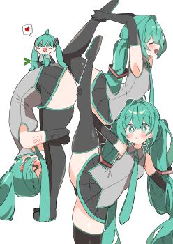  >_< 1girl :< :d absurdres aqua_eyes aqua_hair aqua_necktie aqua_skirt arm_around_leg armpits attitude_derriere bent_over black_boots black_sleeves blush boots bright_pupils character_doll closed_eyes commentary doll ear_blush elbow_gloves flexible forward_fold frontbend full-face_blush gloves grey_shirt hair_between_eyes hand_on_own_leg hatsune_miku heart highres holding_own_ankle holding_own_leg leg_lift leg_up long_hair miniskirt multiple_views necktie no_nose open_mouth pleated_skirt shirt shoulder_tattoo simple_background skindentation skirt smile split spoken_heart spring_onion standing standing_on_one_leg standing_split stretching tattoo tearing_up thick_thighs thigh_boots thighhighs thighs twintails uruti_2388 vocaloid white_background white_pupils zettai_ryouiki 