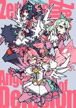  3girls angels_of_delusion aqua_hair aria_(zenless_zone_zero) arm_warmers bare_shoulders black_hair black_skirt black_thighhighs blue_eyes bow center_frills closed_mouth colored_inner_hair copyright_name detached_sleeves dress earrings english_text fingerless_gloves frills fur-trimmed_skirt fur-trimmed_sleeves fur_trim gloves green_bow green_eyes green_hair green_halo grey_background hair_between_eyes hair_bow hair_ornament halo hashtag-only_commentary heart heart_hair_ornament highres jewelry leg_warmers looking_at_viewer multicolored_hair multiple_girls multiple_hair_bows musical_note_earrings nangong_yu one_eye_closed open_mouth parted_lips pink_arm_warmers pink_bag pink_bow pink_gloves pink_hair pink_leg_warmers red_eyes scar scar_on_back shirt simple_background skirt striped_arm_warmers striped_leg_warmers sunna_(zenless_zone_zero) thighhighs white_dress white_shirt white_wings winged_bag wings zenless_zone_zero zito_(zito222) 