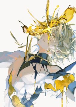  1boy alternate_form amputee bai_zhong blonde_hair blood blood_drip bloody_tears colored_skin commentary_request cracked_skin highres honkai:_star_rail honkai_(series) male_focus material_growth multicolored_skin pale_skin phainon_(honkai:_star_rail) phainon_(khaslana)_(honkai:_star_rail) short_hair solo two-tone_skin watermark white_background yellow_blood yellow_eyes 