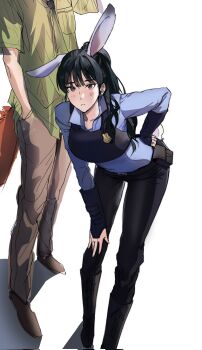  1boy 1girl animal_ears bent_over black_hair black_necktie black_pants blue_shirt blunt_bangs breasts brown_pants brown_shoes bulletproof_vest collared_shirt commentary_request cosplay fox_boy fox_tail garbage_time gong_taeseong green_shirt grey_eyes hand_in_pocket hand_on_own_hip highres judy_hopps judy_hopps_(cosplay) kemonomimi_mode korean_commentary light_blush light_frown long_hair long_sleeves medium_breasts necktie nick_wilde nick_wilde_(cosplay) pants police police_badge police_uniform ponytail rabbit_ears rabbit_girl rabbit_tail s000pkm seo_eunjae shirt shoes short_sleeves tail white_background 