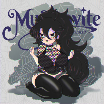  1girl absurdres black_bustier black_choker black_eyeliner black_eyes black_hair black_lips boots breasts bustier choker cross cross_earrings earrings eyeliner goth_fashion high_heel_boots high_heels highres jewelry large_breasts makeup original ponytail short_shorts shorts thick_thighs thighs uncutgemn13 