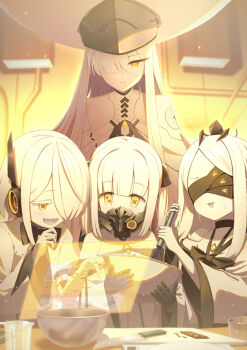  4girls bandaged_arm bandages blue_archive blush bowl chocolate colored_skin commentary_request cutting_board ein_(blue_archive) extra_eyes extra_pupils eye_mask holographic_interface knife large_hat long_hair malkuth_(blue_archive) mask mechanical_arms mouth_mask multiple_girls o_(rakkasei) ohr_(blue_archive) short_hair sof_(blue_archive) sweat symbol-shaped_pupils white_hair white_skin white_tongue x-shaped_pupils yellow_eyes 