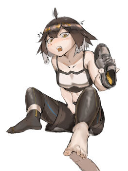  1girl absurdres arknights barefoot blush brown_hair feet footjob highres holding holding_shoes holding_unworn_clothes looking_at_viewer medium_hair open_mouth operatorut plume_(arknights) shoes single_shoe single_sock socks toes unworn_shoes yellow_eyes 