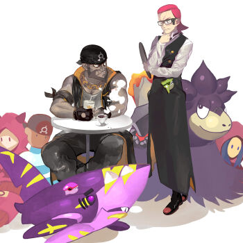  2boys absurdres alternate_color alternate_universe archie_(pokemon) beard black_gloves black_pants camerupt chewing commentary cup dark-skinned_male dark_skin disposable_cup english_commentary facial_hair fingerless_gloves gen_3_pokemon glasses gloves groudon highres hiro_(user_negm3832) jacket kyogre leather leather_jacket legendary_pokemon male_focus maxie_(pokemon) mega_camerupt mega_pokemon mega_sharpedo multiple_boys nintendo pants pokemon pokemon_(creature) pokemon_oras red_hair sharpedo shiny_pokemon shirt short_hair sitting table teacup team_aqua_grunt team_magma_grunt thinking waiter white_shirt 