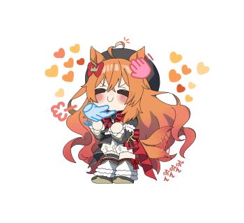  1girl ahoge animal_ears armband babie beret black_gemstone black_jacket blush bow closed_eyes closed_mouth commentary_request ear_bow frilled_armband frills gem hair_between_eyes hair_ornament hat headpat heart highres horse_ears horse_girl horse_tail jacket long_hair orange_hair orange_tail red_bow ribbon royal_family_(the_royal_family) shirt skirt smile solo_focus tail tail_wagging the_royal_family_(tv_series) thigh_strap thighhighs white_shirt white_skirt white_thighhighs 