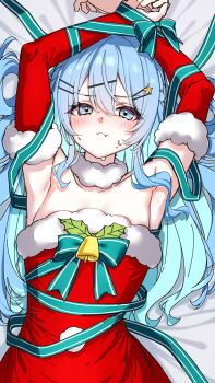  1girl armpits arms_up asymmetrical_sidelocks bell blue_eyes blue_hair bound bound_wrists braid chest_bow closed_mouth colored_inner_hair commentary darjeeling_(reley) double-parted_bangs dress flat_chest fur-trimmed_dress fur-trimmed_sleeves fur_collar fur_trim hair_between_eyes hair_ornament hairclip highres hololive hoshimachi_suisei long_hair looking_at_viewer multicolored_hair parallel_hairclips red_dress red_sleeves santa_costume santa_dress side_braids sidelocks sleeveless sleeveless_dress solo star_(symbol) star_in_eye strapless strapless_dress symbol-only_commentary symbol_in_eye virtual_youtuber 