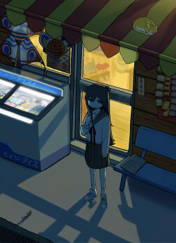  1girl absurdres animal awning backlighting ball basketball_(object) bench black_hair cat convenience_store dook_arts food freezer hashtag-only_commentary highres holding holding_food holding_popsicle long_hair long_sleeves melting_popsicle mushroom_on_head newspaper pleated_skirt popsicle sailor_collar school_uniform serafuku shadow shimeji_simulation shoes shop skirt solo standing tsukishima_shijima 