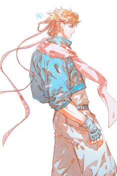  1boy artist_name battle_tendency blonde_hair blue_gloves blue_jacket caesar_anthonio_zeppeli commentary_request cowboy_shot cropped_jacket fingerless_gloves from_side gloves jacket jojo_no_kimyou_na_bouken male_focus pants pink_scarf profile scarf short_hair simple_background solo untabunta white_background 
