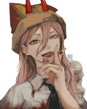  1girl 2024 bag bag_on_head black_necktie blood blood_on_clothes blood_on_face chainsaw_man commentary cross-shaped_pupils english_commentary food french_fries hair_between_eyes highres holding holding_food horns horns_through_headwear long_hair mcdonald's necktie paper_bag pink_hair portrait power_(chainsaw_man) pretend_cigarette red_horns sharp_teeth shirt signature solo symbol-shaped_pupils taorotana teeth white_shirt yellow_eyes 