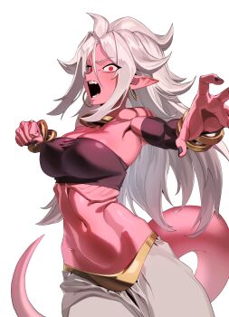  1girl absurdres android_21 black_nails bracelet breasts clenched_hand colored_skin commentary dragon_ball dragon_ball_fighterz earrings gold_bracelet gold_earrings highres hoop_earrings jewelry long_hair navel open_mouth pink_skin red_eyes simple_background solo tail white_background zequung 