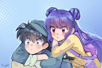  1boy 1girl artist_name black_hair blue_background blue_eyes bow chinese_clothes commentary double_bun english_commentary floral_print hair_bow hair_bun hat highres long_hair mosyart purple_hair ranma_1/2 red_eyes saotome_ranma shampoo_(ranma_1/2) yellow_bow 