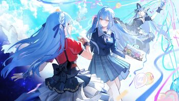  100spring 1girl 3girls arknights art_relay artist_collaboration bad_link bird black_bow black_ribbon blue_hair blue_shirt blue_skirt bow cake character-themed_food chinese_commentary cloud commentary_request curled_horns day demon_horns dress food h2t0riiii_030 hair_ribbon haruy4y01 highres holding holding_cake holding_food holding_party_popper horns kingstal ling_yuan long_hair looking_at_another making-of_available misumi_uika multi-source_commentary multiple_girls multiple_persona oblivionis_(bang_dream!) outdoors party_popper pigeon plaid_clothes plaid_skirt qundaicai_1 ribbon sailor_collar sakura_amano school_uniform shengyezi_heshui shirt shixingyuan shuichengchun shuiyelanliu skirt spoon togawa_sakiko togawa_sakiko_(master_of_melodia) tsukinomori_school_uniform very_long_hair wakaba_mutsumi wu_yiwu_huxi wuyedijin yahata_umiri yellow_eyes yuutenji_nyamu 