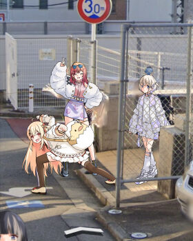  4girls ahoge black_hair blonde_hair blue_eyes brown_thighhighs commentary_request eyewear_on_head felutiahime fortissimo fur_jacket gradient_hair grey_hair hair_ornament high_school_girls_posing_for_google_street_view_(meme) highres hololive hololive_dev_is ichijou_ririka jacket juufuutei_raden long_hair looking_at_viewer meme multicolored_hair multicolored_jacket multiple_girls musical_note musical_note_hair_ornament orange_hair otonose_kanade pink_shirt purple_eyes purple_hair purple_jacket purple_shorts purple_skirt red_eyes regloss_(hololive) shirt shoes short_hair shorts skirt smile streaked_hair thighhighs todoroki_hajime tube_socks two-tone_hair two-tone_jacket two-tone_shorts v virtual_youtuber white_jacket white_shoes white_shorts 