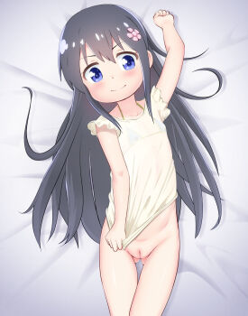  1girl bikini bikini_under_clothes black_hair blue_eyes blush bottomless cleft_of_venus closed_mouth clothes_pull female_focus fippenluck flat_chest flower from_above gluteal_fold hair_between_eyes hair_flower hair_ornament highres loli long_hair lying navel on_back pussy see-through_clothes shirosaki_hana shirt shirt_pull smile solo swimsuit uncensored watashi_ni_tenshi_ga_maiorita! white_shirt  rating:Explicit score:121 user:Domestic_Importer