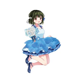  1girl blue_dress blue_flower blue_shoes bouquet brown_eyes collarbone dress flower full_body green_hair hara_yui highres holding holding_bouquet jumping kin-iro_mosaic looking_to_the_side no_socks official_alternate_costume official_alternate_hairstyle official_art oomiya_shinobu open_mouth shoes short_hair simple_background solo transparent_background white_flower 